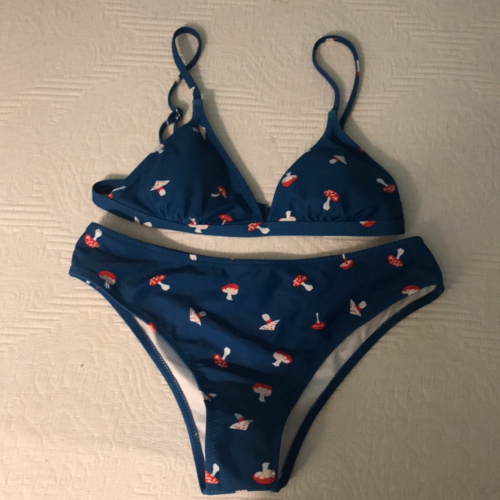 New Cider Mushroom Print Bikini Two Piece Swimsuit Blue S Top M Bottom